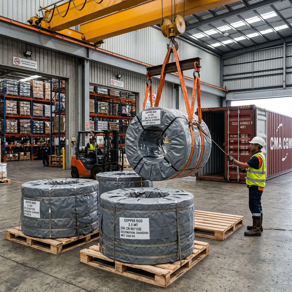 Continuous Cast Oxygen-Free Industrial Copper Rod (8mm Dia, 2.5MT Coil) - Export Packaging
